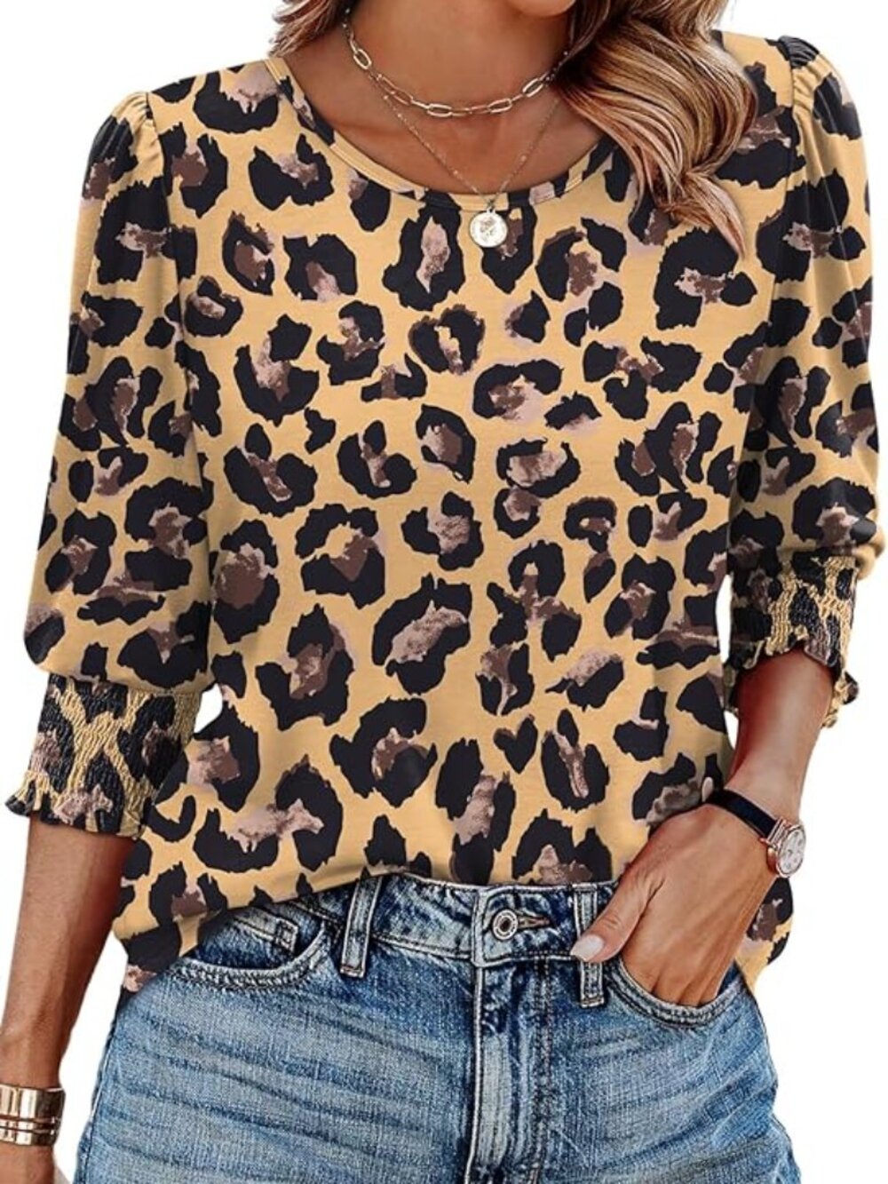 Leopard Print Women Dressy Casual 3/4 Length Sleeve Tops w/ Smocked Cuffs